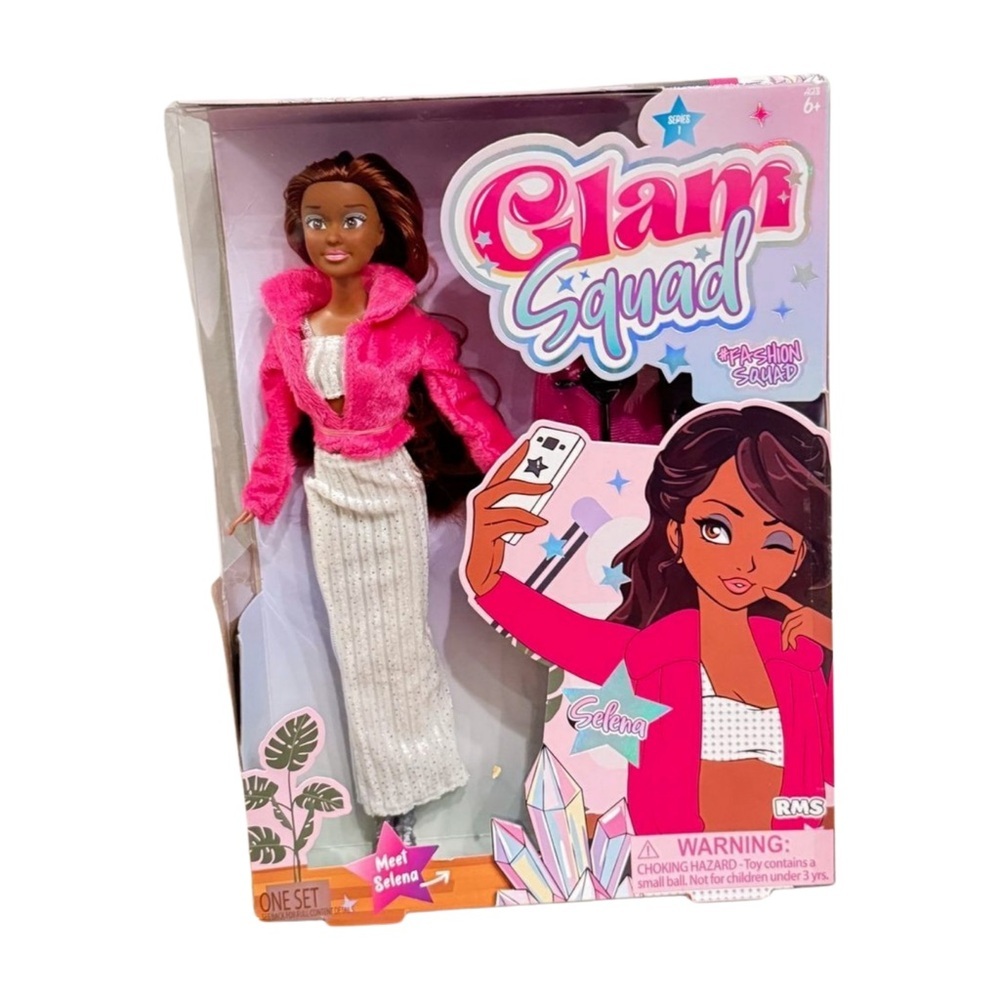 Glam Squad Selena Doll with Pink Faux Fur Jacket and White Glitter Skirt Fashion